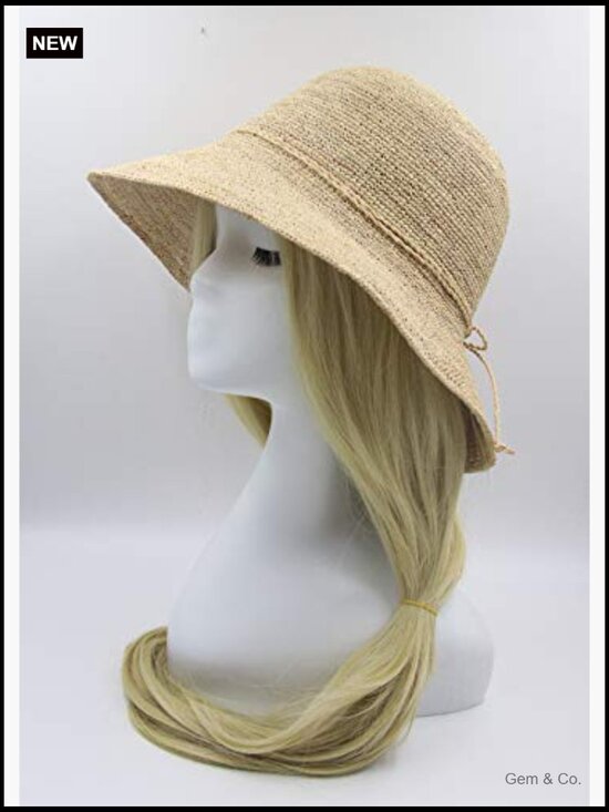 Women\'s Raffia Bucket Hat Wide Brim Sun Protection Adjustable Strap